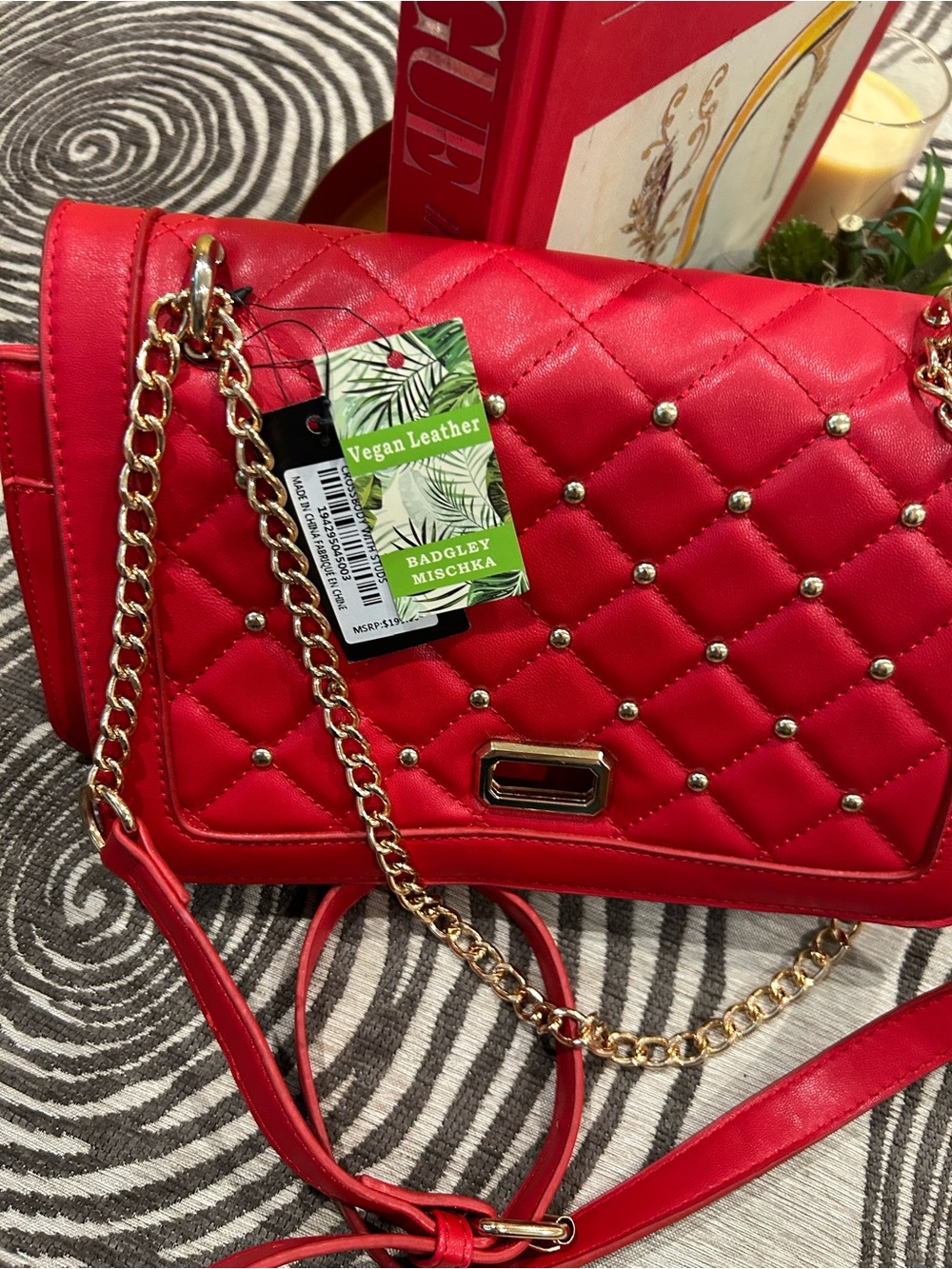 NWT Badgley Mischka Red Quilted Crossbody with Gold Studs Vegan Leather